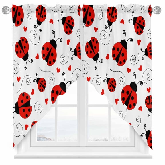 Country Ladybug Swag Curtain Valance for Windows, Love Farmhouse Classic Retro Texture Window Treatments Short Swag Topper for Kitchen Windows Bathroom Bedroom, 36"x36"