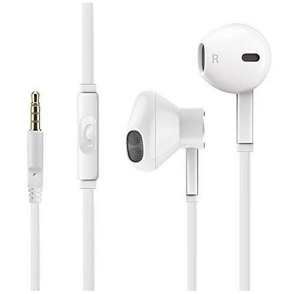 Headphones with Microphone Certified PowerStereo Flat Wired 3.5mm In-Ear Earphones Control Crystal Sound Earbuds for iPhone iPad iPod Laptop Tablet Android LG Smartphones (White) 1 Pack