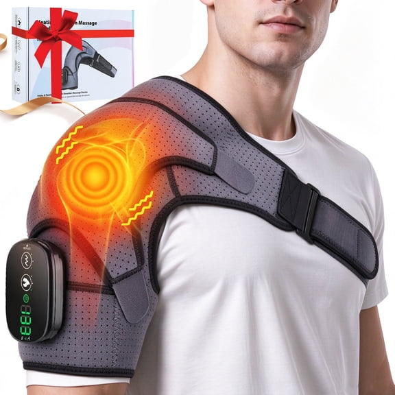 Heated Shoulder Brace Wrap, Cordless Shoulder Heating Pad with Massage, Electric Heated Shoulder Massager with 3 Heat & Vibration for Men Women Relax