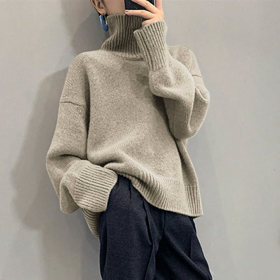 Qetyuw Turtleneck Sweaters for Women Oversized Solid Color Long Sleeve Jumpers Knitted Chunky Casual Pullover Sweaters
