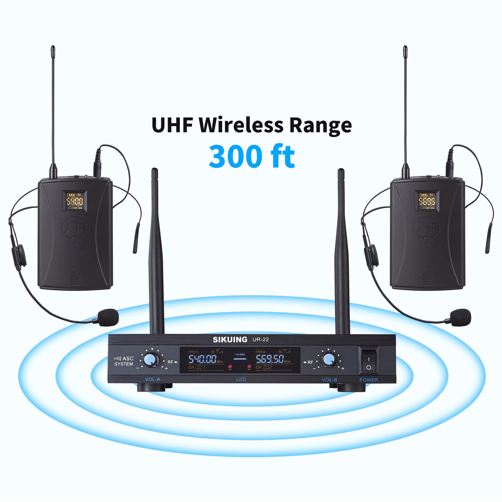 Dual Channel UHF Wireless Microphone System, 2x30 Adjustable Frequencies, Lavalier & Headset Microphone System for Meeting, Church, 300ft Range (2 Bodypack)