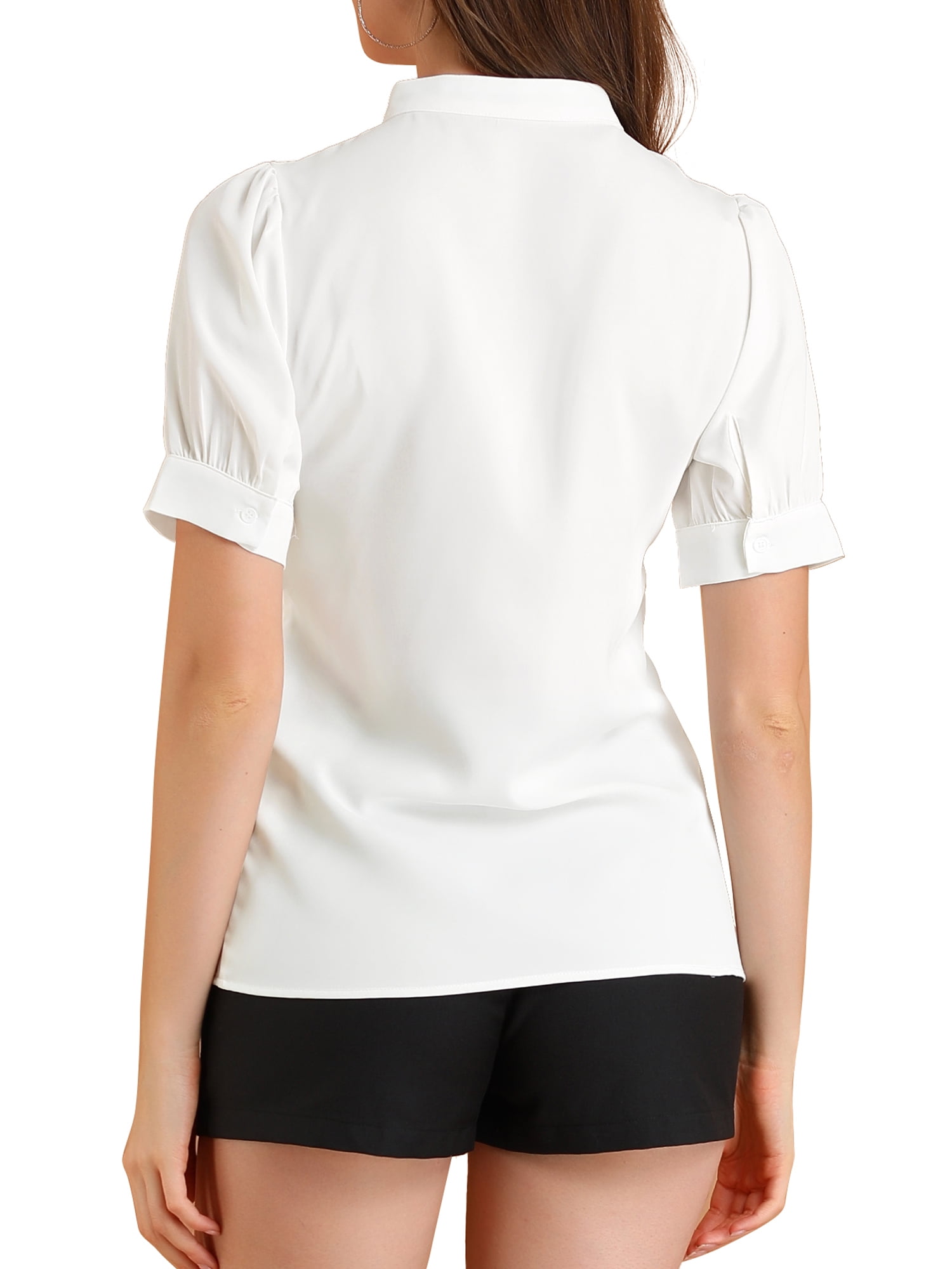 DARING DIVA Ruffled Half Button Placket Short Sleeves Work Top L White