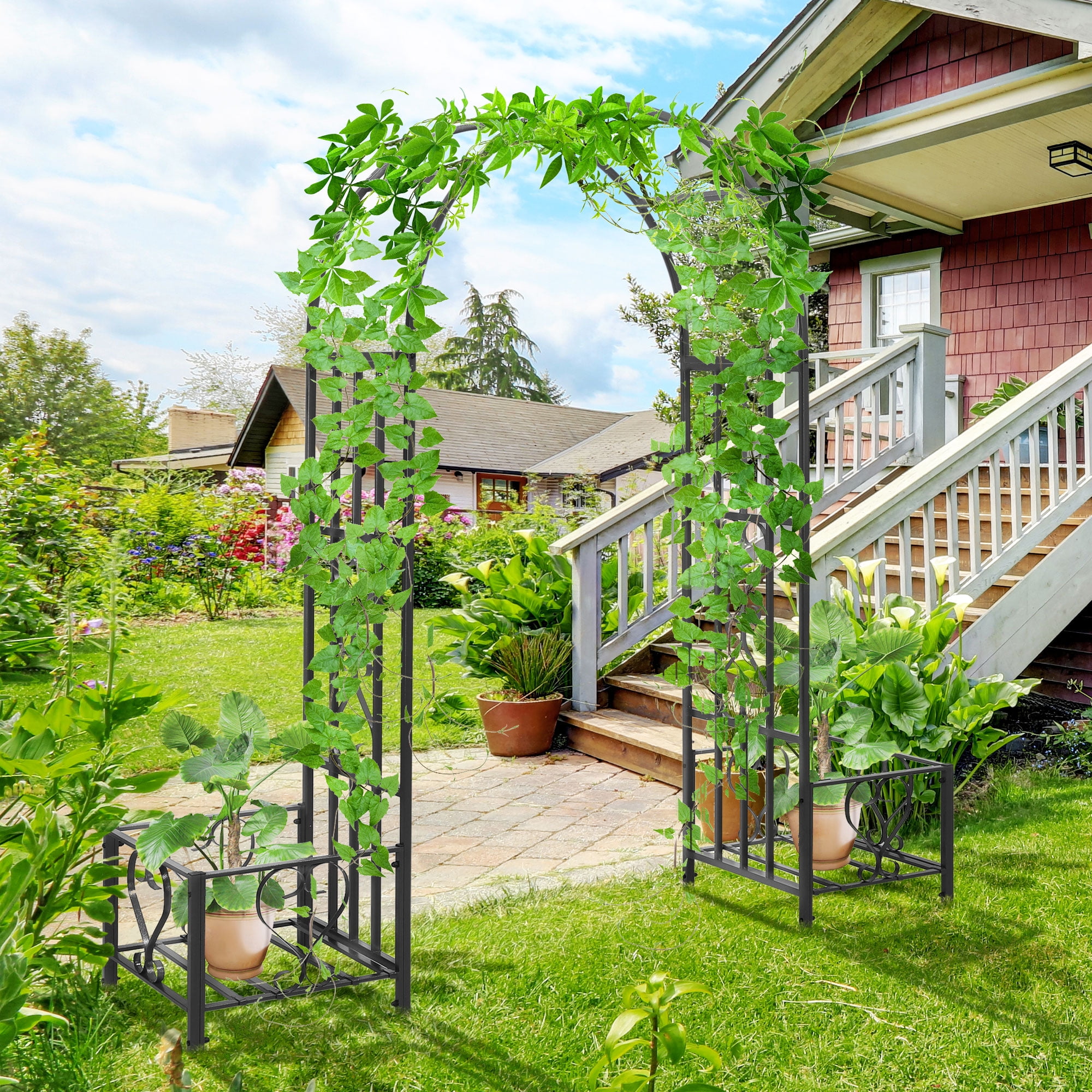 6.7' Steel Garden Arch Arbor with Scrollwork Hearts, Planter Boxes for Climbing Vines, Ceremony, Weddings, Party, Backyard, Lawn, Dark Gray