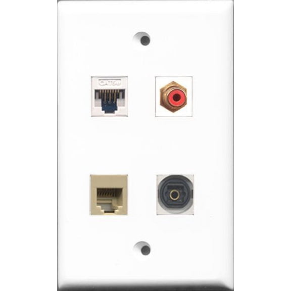 RiteAV 1 Port RCA Red and 1 Port Phone RJ11 RJ12 Beige and 1 Port Toslink and 1 Port Cat5e Ethernet White Wall Plate