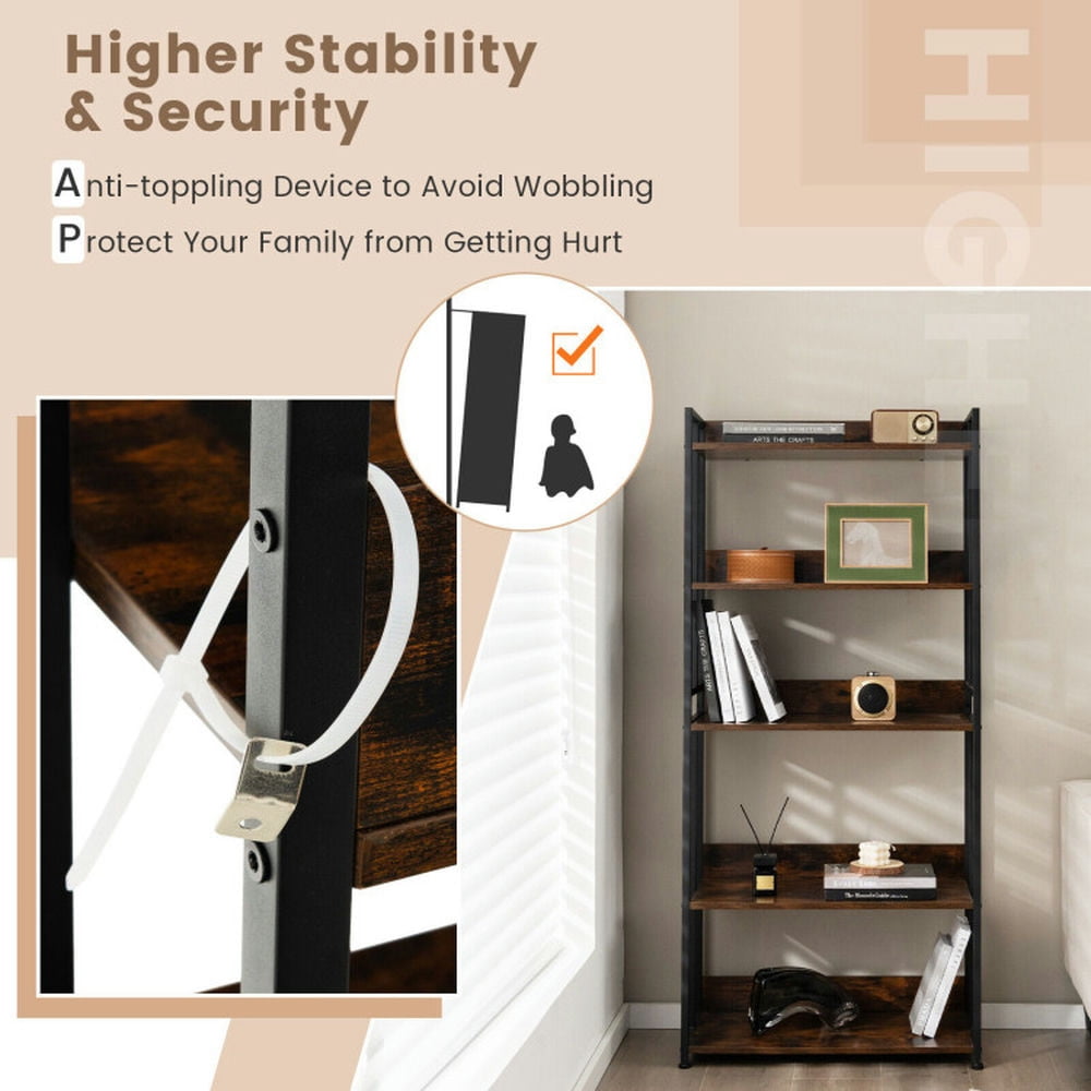 Demi Bonn 5-Tier Industrial Bookshelf Storage Shelf Display Rack with Adjustable Shelves, Brown