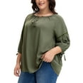thumbnail image 2 of Agnes Orinda Women Plus Size Tops Tie Neck 3/4 Sleeves Hollow Out Tassel Bowknot Casual Tunic Blouse 4X Green, 2 of 6