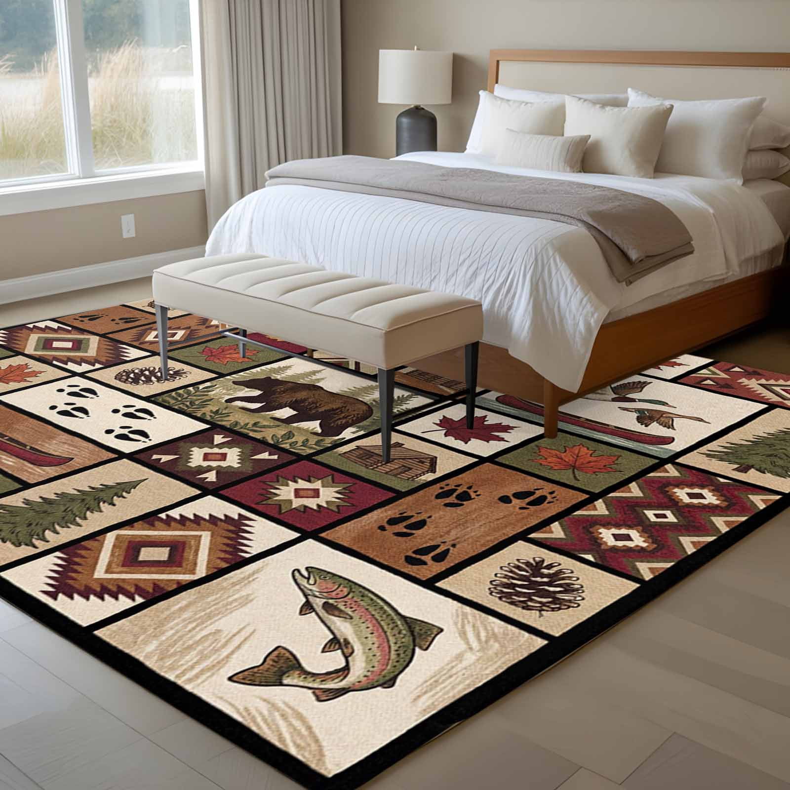 Country Patch Plaid Area Rugs 8'x10', Washable Small Throw Rugs for Living Room Patio, Brown Farmhouse Retro Bear Deer Cabin Indoor Outdoor Rug Non-Slip Low Pile Carpet Runner Reversible Floor Mats