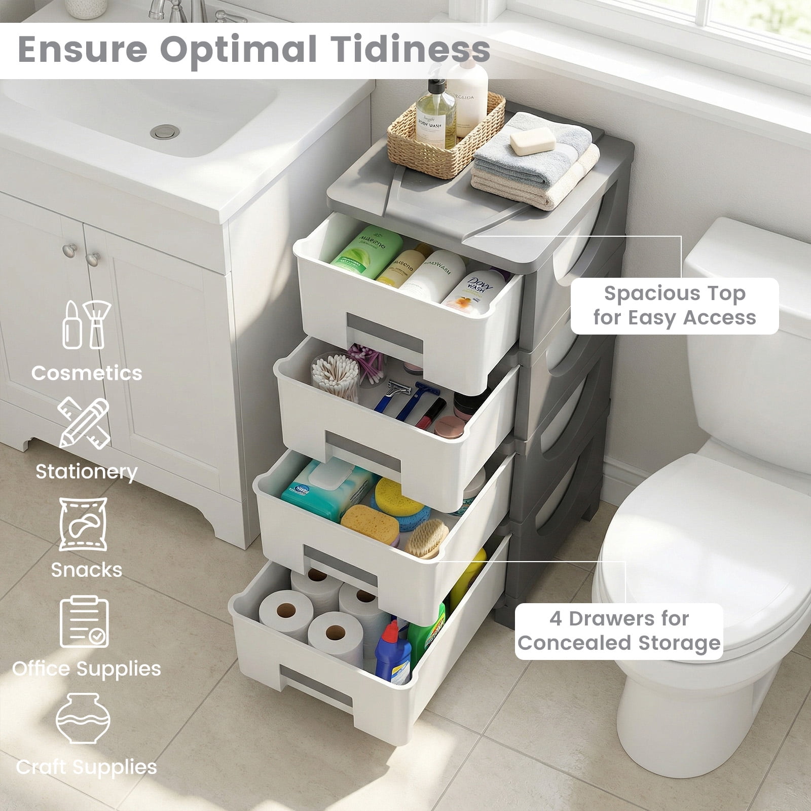 Costway 1 PCS 4-Drawer Storage File Cabinet, Plastic Storage Organizer with Handles for Bedroom White + Gray