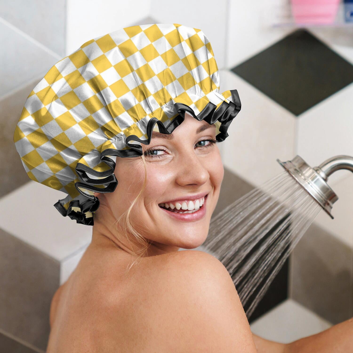 Shower Caps,Yellow White Checkerboard Checkered Pattern Waterproof Shower Cap for Women 4 Pieces,Double Reusable Hair Cover for Shower PEVA Elastic Stretch Hem