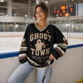 thumbnail image 5 of V Neck Long Sleeve Graphic Top For Women Halloween Haunted Night Theme Hockey Jersey Relaxed Fit Casual Long Sleeve Shirt Ideal For Halloween Party And Holiday Gathering White 2XL, 5 of 6