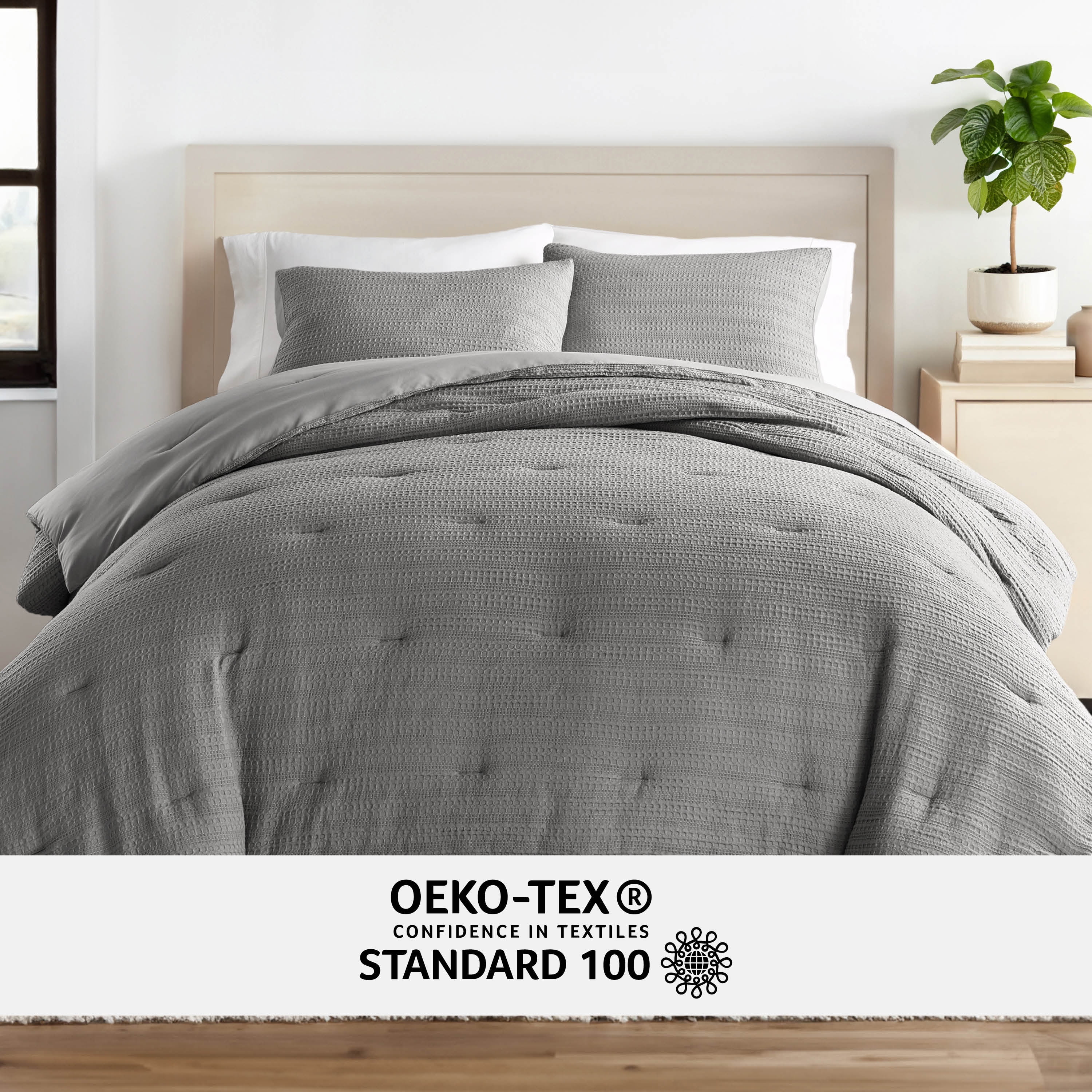 Textured Waffle Comforter Set in Fog Gray for Full/Queen Size Bedding by Comfort Canopy