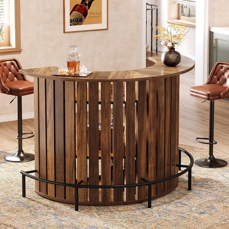 4-Tier Bar Table, 39.4" H Home Bar Unit with Footrest, Arc-Shaped Mini Bar Table, Modern Wine Bar Cabinet for Home Pub, Living Room, Rustic Brown