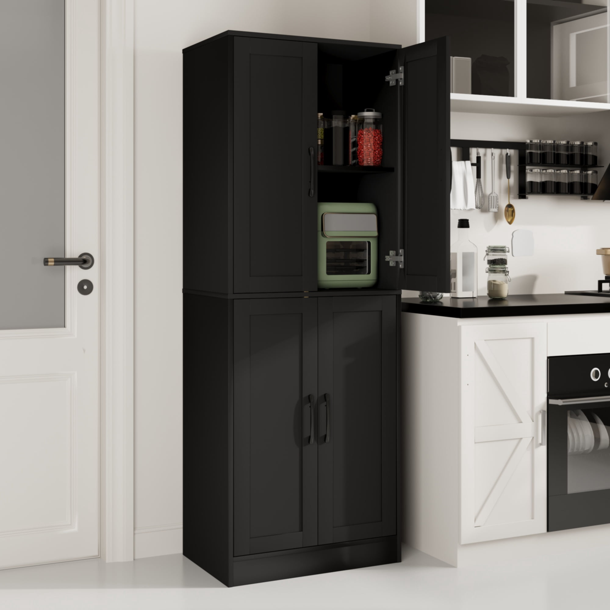 BOCVKENN 60.7" Tall Kitchen Pantry,Farmhouse Storage Cabinet withAdjustable Shelves,Farmhouse Pantry Cabinet with 4Doors,for Kitchen,Dining Room,Living Room