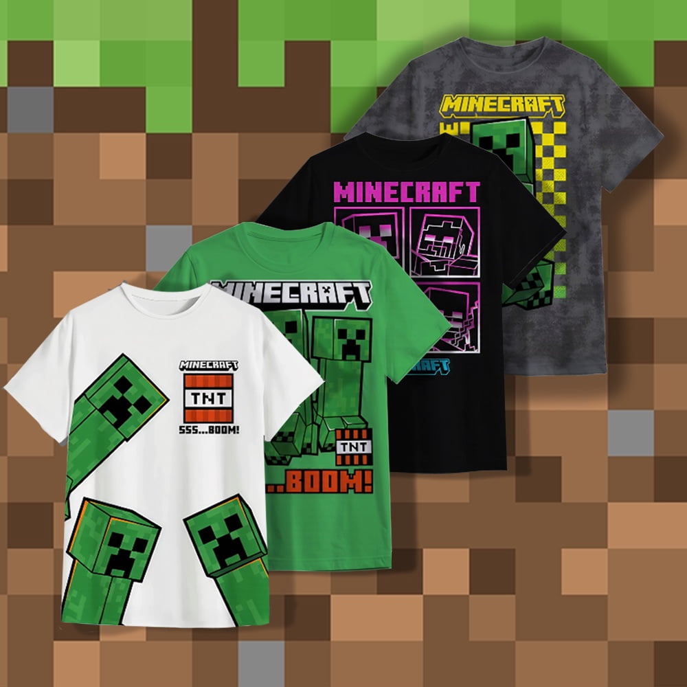 Minecraft Boy's Short Sleeve T-Shirt 4-Pack - Creeper, Skeleton, Zombie Graphic Tee Set for Kids (Sizes 4-16)