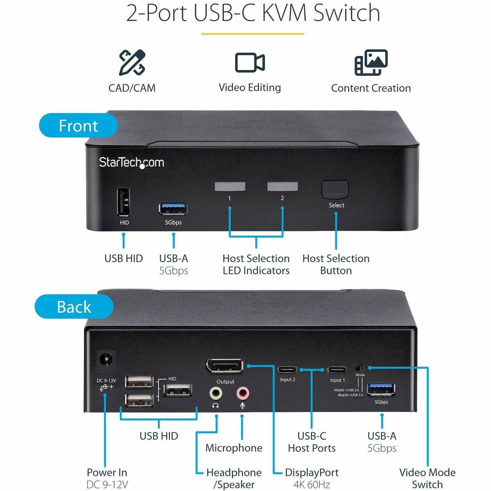 StarTech USB C KVM Switch 2 Port DisplayPort SV231DPUCA