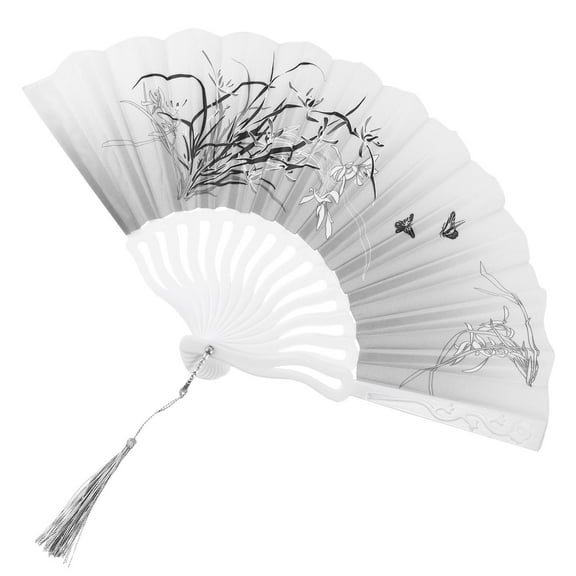 TINKSKY Traditional Chinese Style Foldable Fan with Tassels for Decoration Light Grey Plastic Silk Cloth