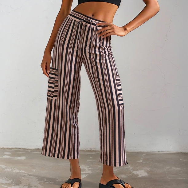 WILLBEST Pantalones Palazzo de Verano para Mujer, Informales, de Pierna Ancha, Cintura Alta, Holgados, a Rayas, para Playa, para Viajes, con Estilo y Comodidad Diarios. Extra Grande