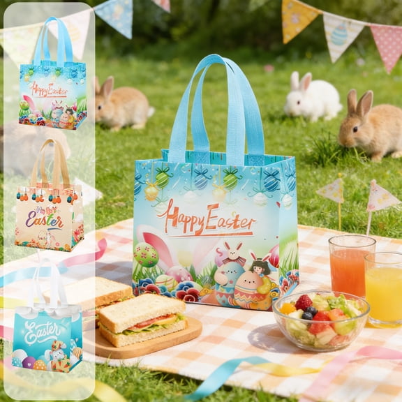 AZXY Medium Size Easter Gift Bag with Handle, 7.87" × 5.90" × 7.87" Non-Woven Reusable Happy Easter Tote Bag for Kids Girls Easter Egg Hunt Party Favors Shopping Gifts Wrapping