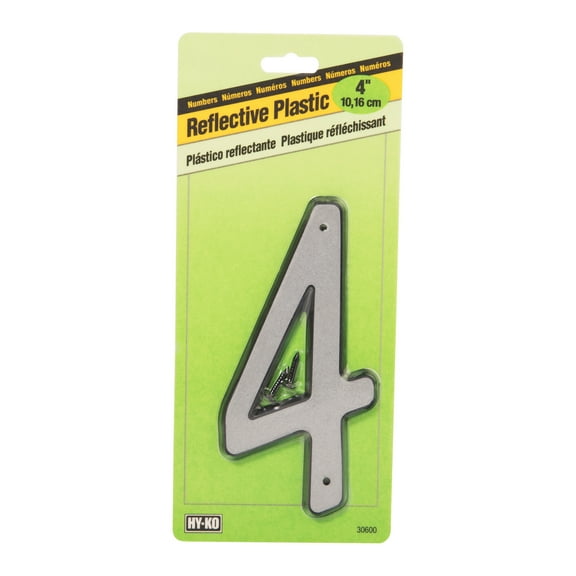 Hy-Ko 4-inch Reflective Plastic House Address Number 4, Silver and Black, Includes Mounting Nails