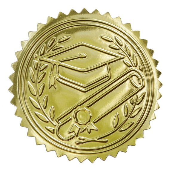 Embossed Graduation Cap Gold Certificate Seals Diplomas Gold Foil Seals, 2”, 100 Count