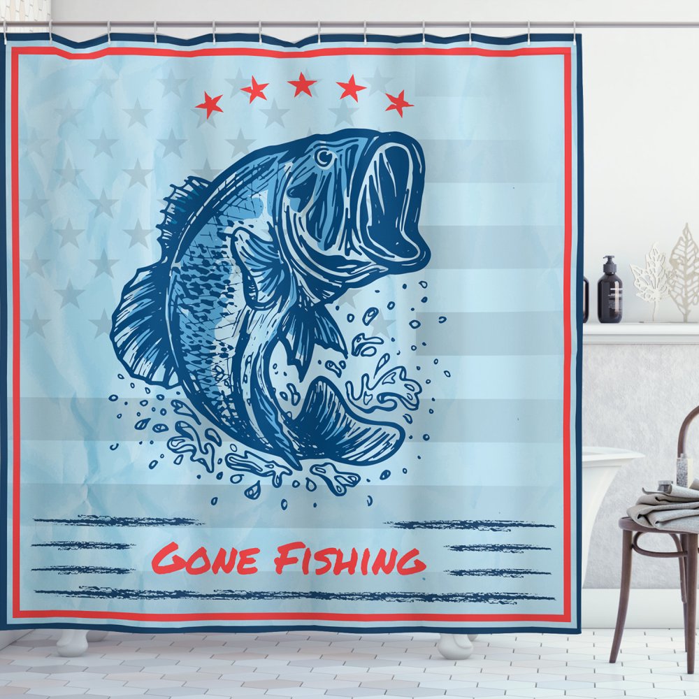 Gone Fishing Shower Curtain, Vintage Design Trout Fish Stars in