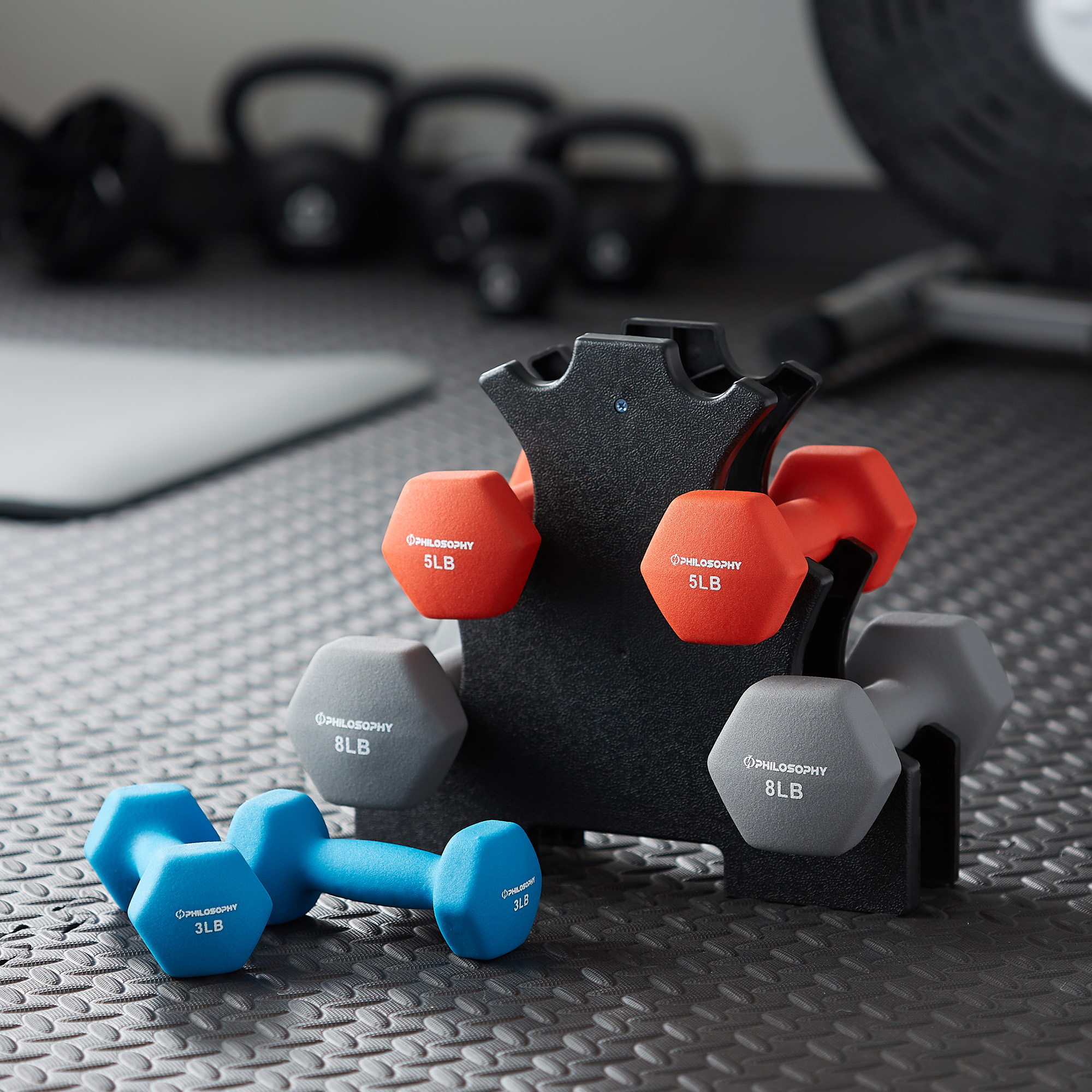 Philosophy Gym Neoprene Dumbbell Hand Weights with Stand, 32 lbs (3 lb, 5 lb, 8 lb Pairs)