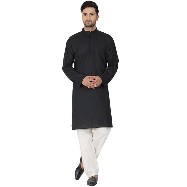 SKAVIJ Hommes Kurta Pyjama Ensemble Coton à Manches Longues Robe de Soirée de Yoga Black L