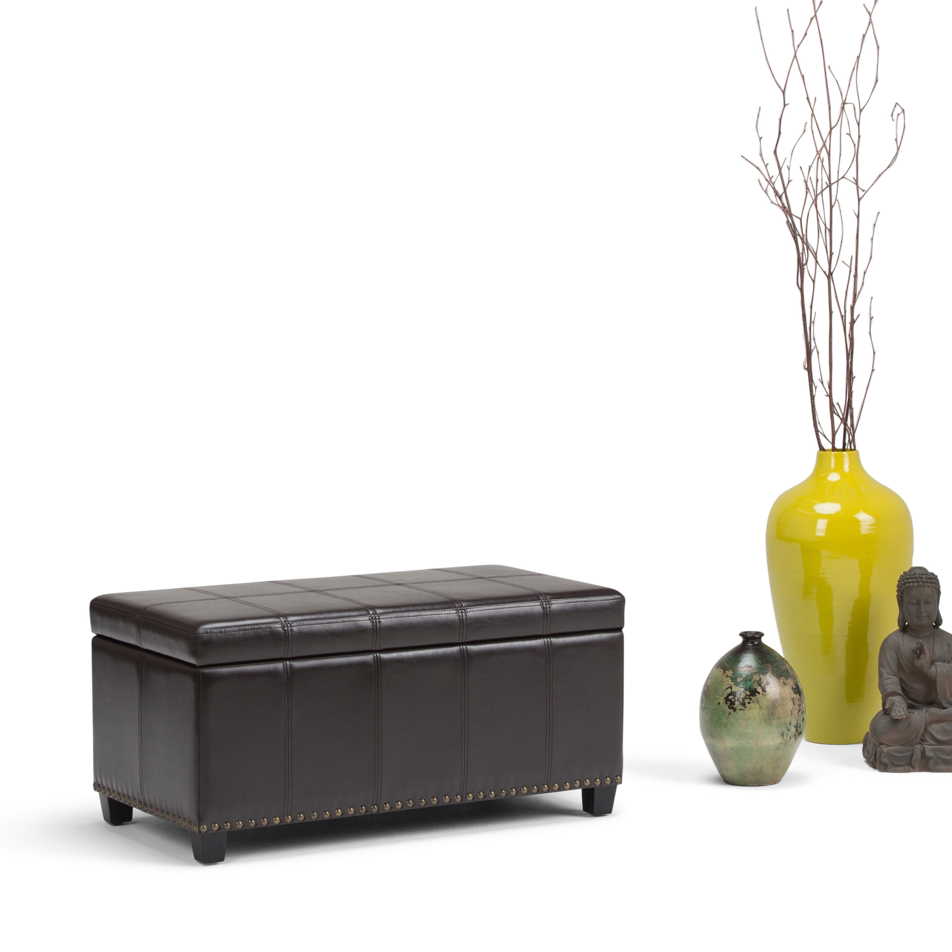 Simpli Home Amelia 33 inch Wide Transitional Storage Ottoman Bench in Tanners Brown Vegan Leather