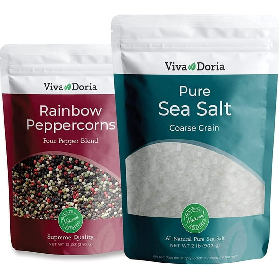 Viva Doria Rainbow Peppercorns Blend, 12 Oz & Pure Sea Salt, Coarse Grain, 2 lb (2 Piece Set)