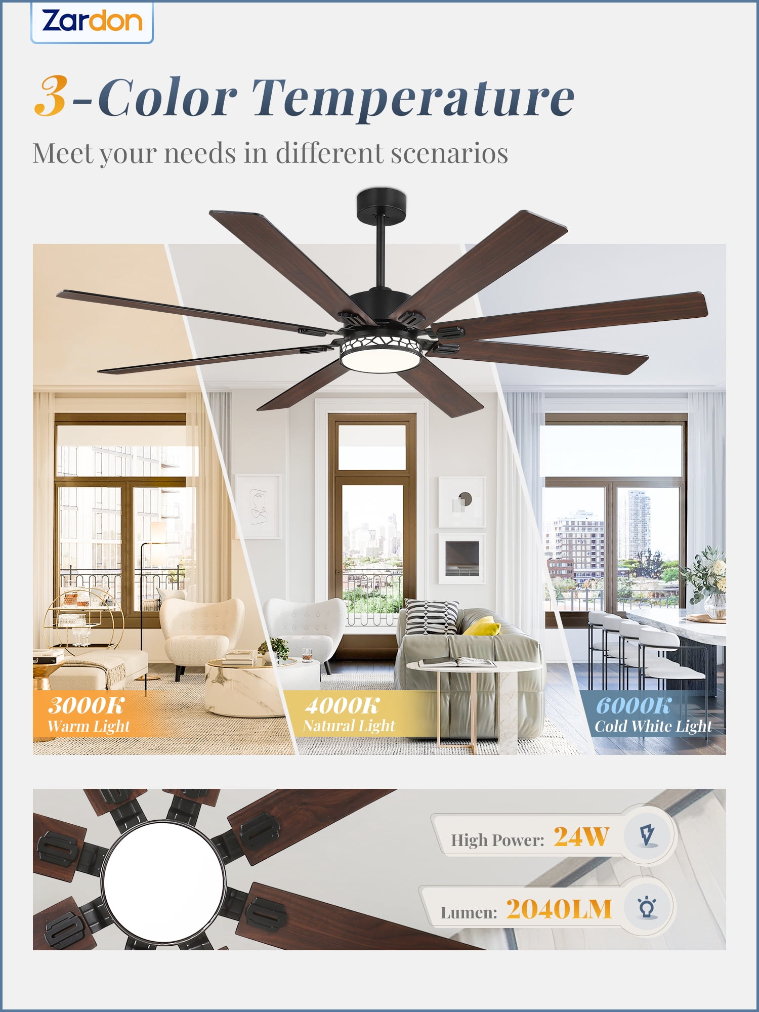 Zardon 72 Inch Farmhouse Ceiling Fan with Light & Remote, 8 Black Blades, Quiet DC Motor, Adjustable for Large Rooms