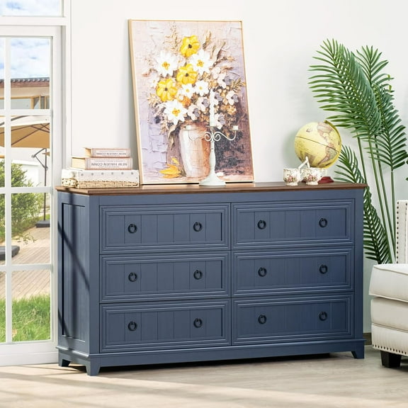 Farmhouse 6 Drawers Dresser for Bedroom, 54 Inch Wide Wood Dresser Chest of Drawers, Vintage Design TV Stand, Rustic Storage Dressers Organizer for Bedroom, Living Room, Hallway - Blue