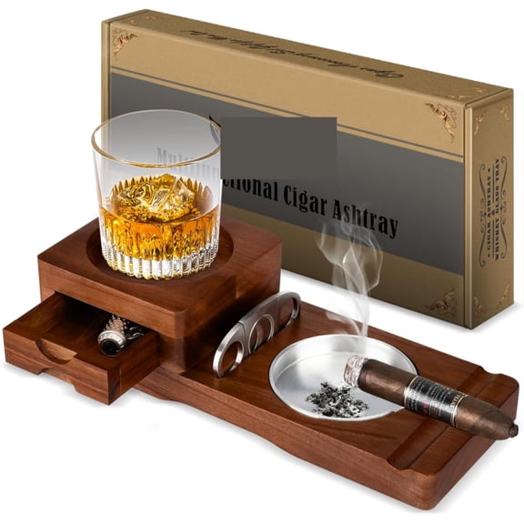 TBVBVYU Ashtray Coaster Whiskey Glass Tray & Wooden Ash Tray with Cigar Cutter, Includes Drawer and Cigar Slot - Great for Home, Office or Outdoor Use (Deep Brown)