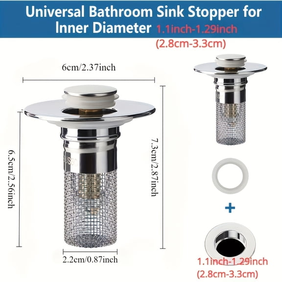 Universal Stainless Steel Bathroom Sink Stopper & Strainer, Rust Resistant Hair Trap Drain Plug