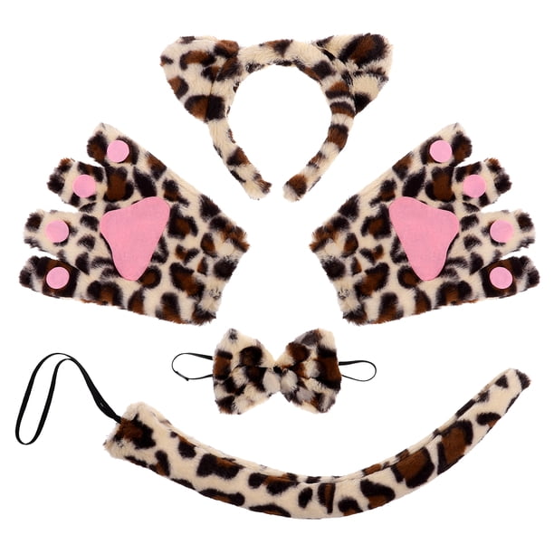 FELTECHELECTR KALLORY 1 Juego de diadema con orejas de gato y cola, accesorios de cosplay de animales, orejas de leopardo, pajarita, guantes de pata para cosplay
