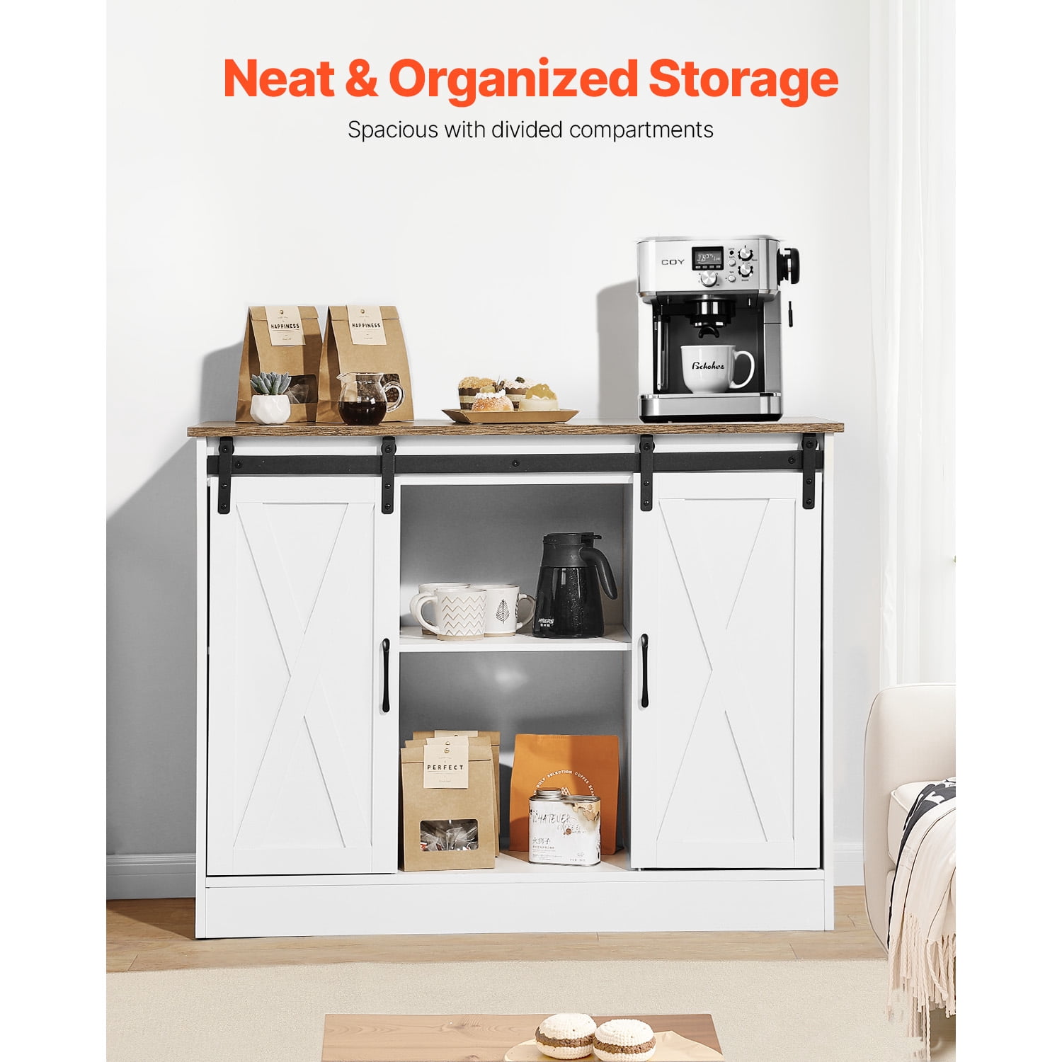 KFFKFF Beverage Station Cabinet, Dimensions 41.8 x 15.8 x 32.1 in, Rustic Beverage Station Cabinet with Triple Layer Storage, Beverage Station Table with Sliding Doors, Rustic Buffet Sideboard
