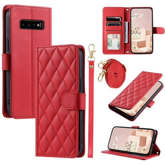 ELEHOLD for Samsung Galaxy S10 Wallet Crossbody Case PU Leather Cover with Card Slots Magnetic Clasp Kickstand Detachable Wriststrap Shoulder Strap Flip Shockpoof Cover,red