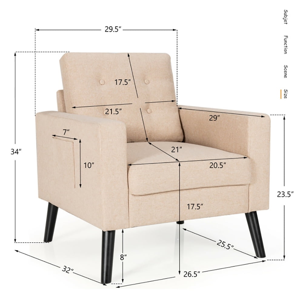 Finihen Upholstered Armchair Chair, Mid-Century Upholstered Armchair Club Chair with Rubber Wood Legs, for Living Room, Bedroom, Beige