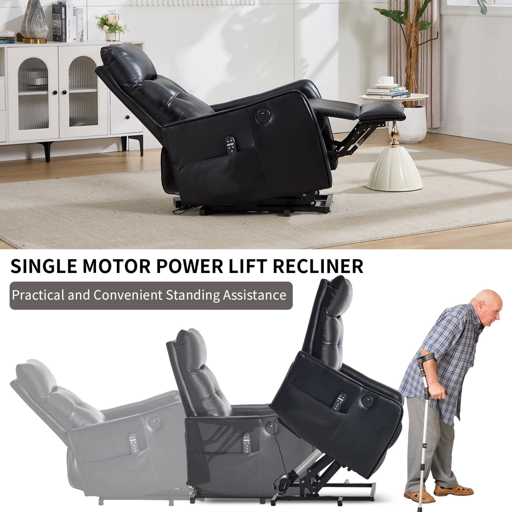 BSHTI Faux Leather Power Lift Recliner Chair with Vibration Massage, Lumbar Heat, USB Charging for Living Room(Black)
