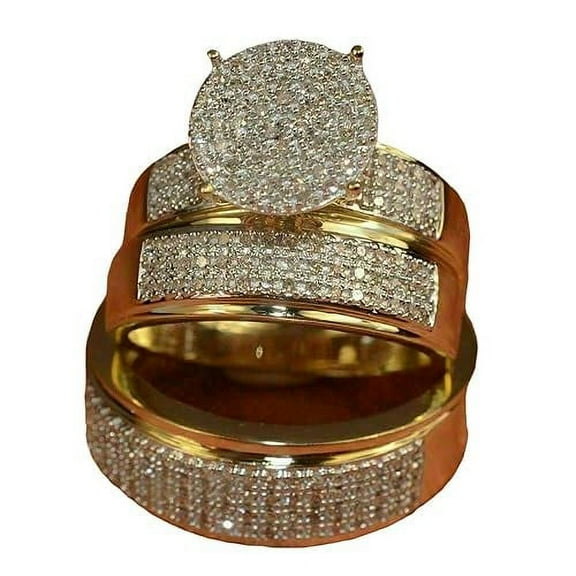 Divine Creation Unisex 14K Yellow Gold Plated 2.50 Ct Round Cut White Diamond Wedding Engagement Trio Ring Set 925 Sterling Silver For Men's & Women's -5