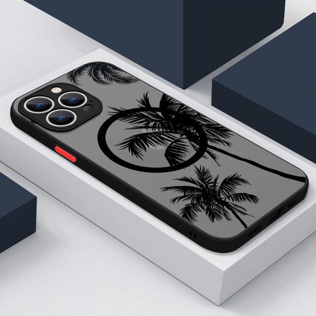 Magnetic Coconut Palm Pattern Case For iPhone 15 14 Pro Max 13 12 11 For Magsafe Wireless Charge Matte Hard Back Cover Fundas T5 Tree For iPhone 14Pro Max