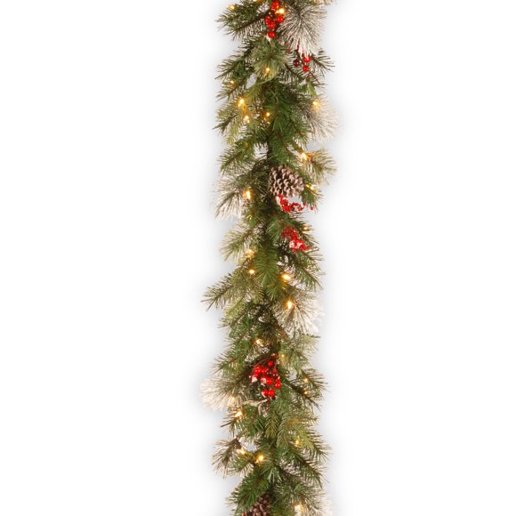 9' Feel Real Wintry Berry Collection Garlands with Big Pine Cones, Red Berries & Snowy Bristle with 70 Clear Lights