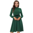 thumbnail image 1 of Vestido elegante de manga larga con cuello simulado tejido debajo de la rodilla para mujer Verde M, 1 of 5