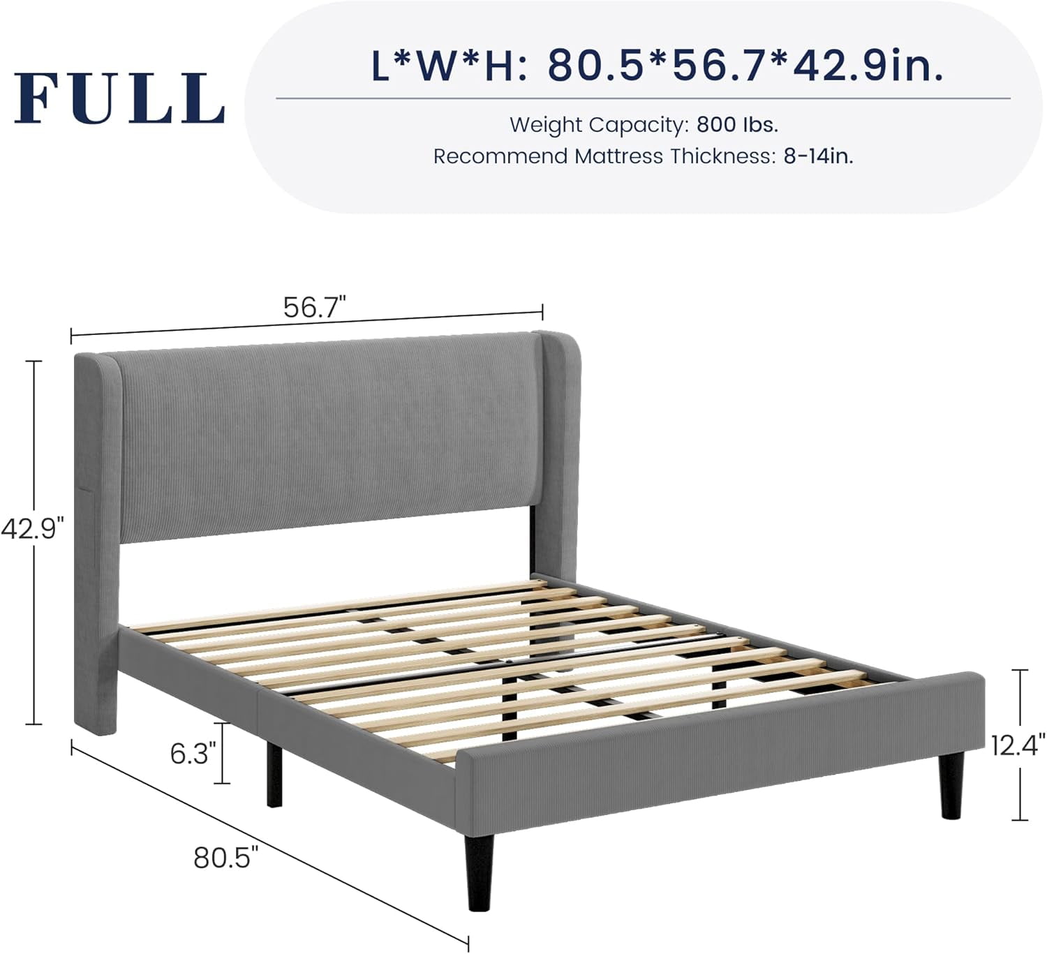 Senfot Full Size Bed Frame,Upholstered Platform Bed with Wingback Headboard,Velvet Upholstered Bed Frame with 2 Storage Pockets,Strong Wooden Slat Support,Box Spring Optional,Easy Assembly,Light Gray