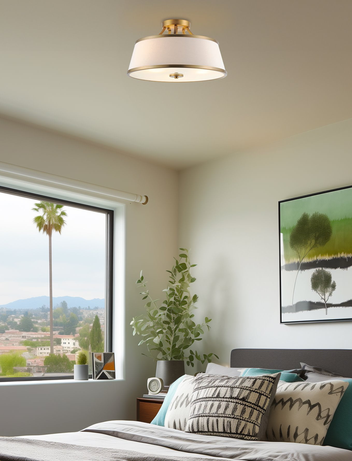 Kira Home Zoey 18" Modern Gold Semi Flush Mount with White Tapered Fabric Shade, 3-Light Ceiling Light, Warm Brass