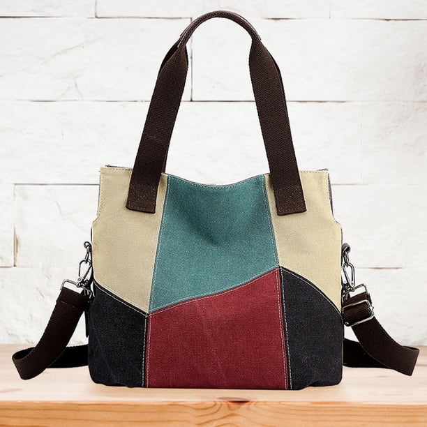 Bolso de hombro de lona Casual Lady Shopping Bag Costuras en contraste para el trabajo (Rojo) Sywqhk Para Estrenar
