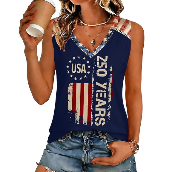 250 Anniversary Shirt for Women V Neck Sleeveless Tank Top Patriotic Vest 250th Anniversary USA Flag Tee 1776-2026 Gift Navy S