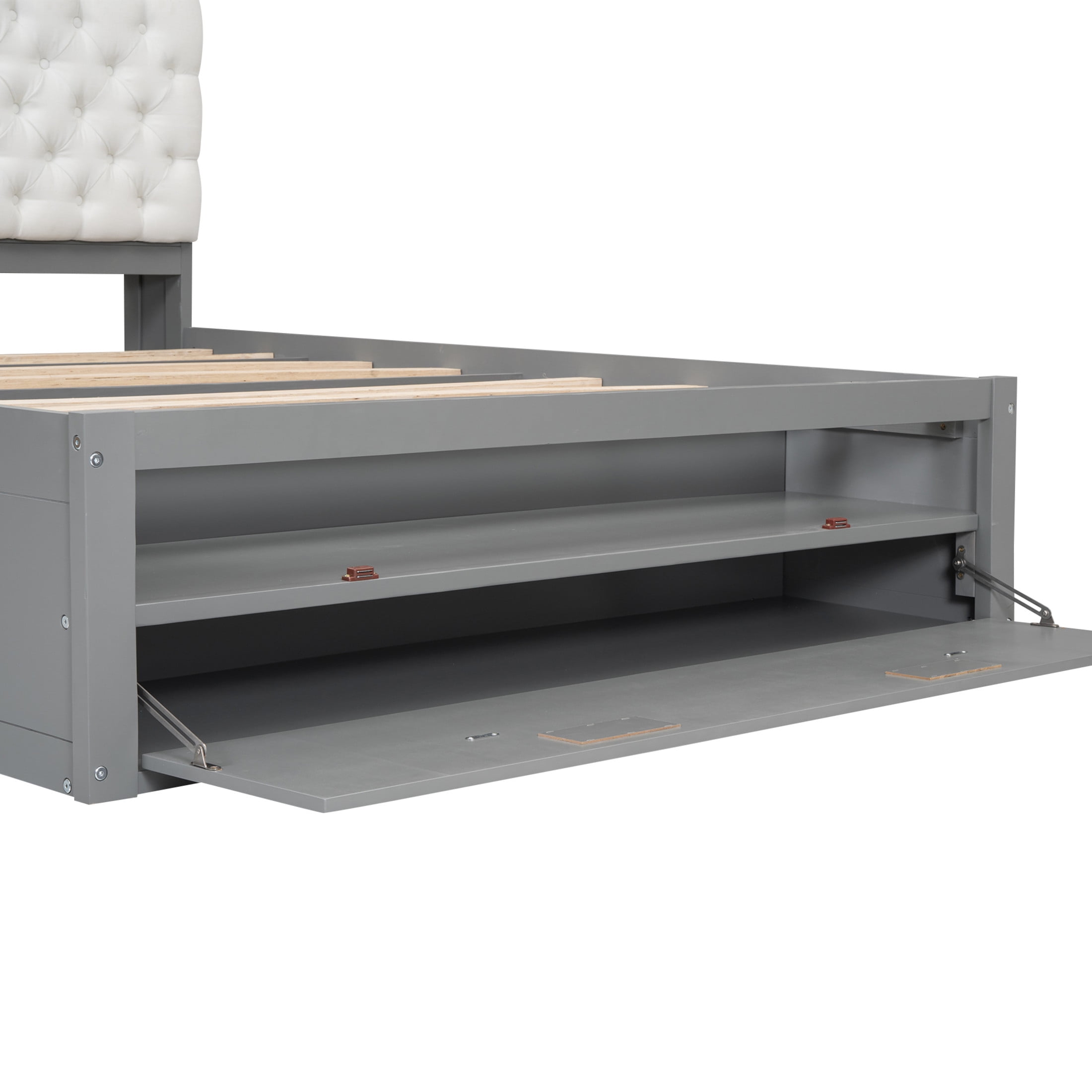 Noble House Norva Queen Size Wood Platform Bed, Storage Headboard with Integrated Drawers and Shoe Rack, Gray