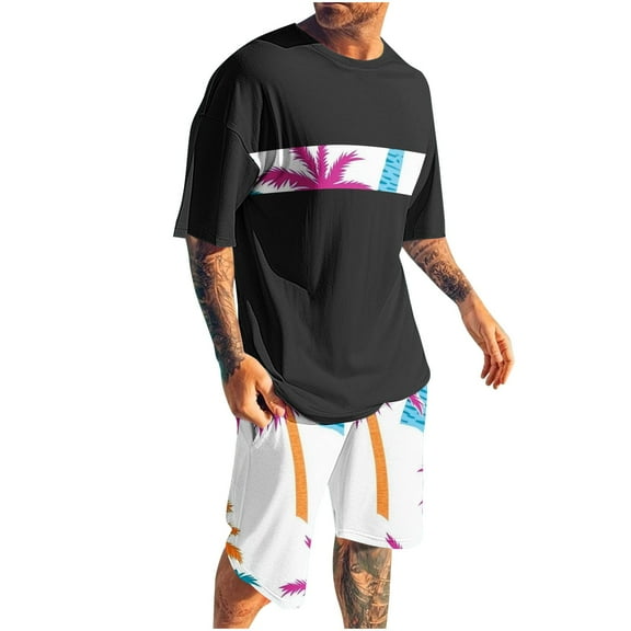 2 Pcs Summer Mens Shorts Tops Outfits Trends Floral Printed T-Shirts Short Sleeve Crewneck Tees Knee Length Beach Shorts Flower Print Sweatpants Lounge Breathable Clothes Trends 2025 Outfit