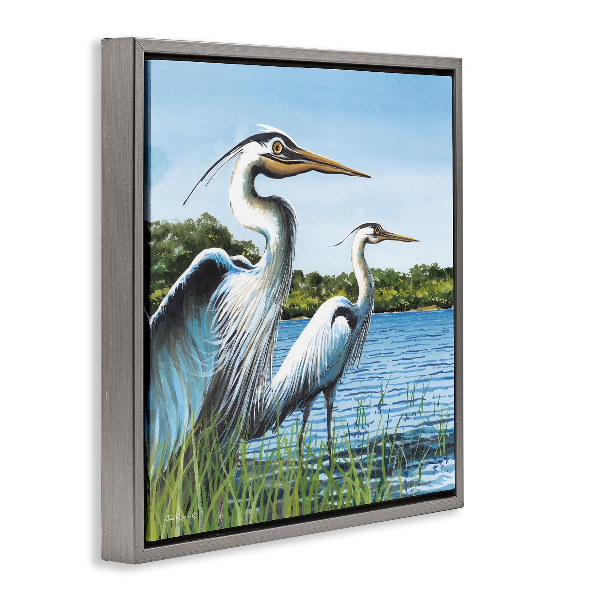 Stupell Industries Traditional Egrets Gazing Animals & Insects Painting Gray Floater Framed Canvas Art Print Wall Art, 18 x 18