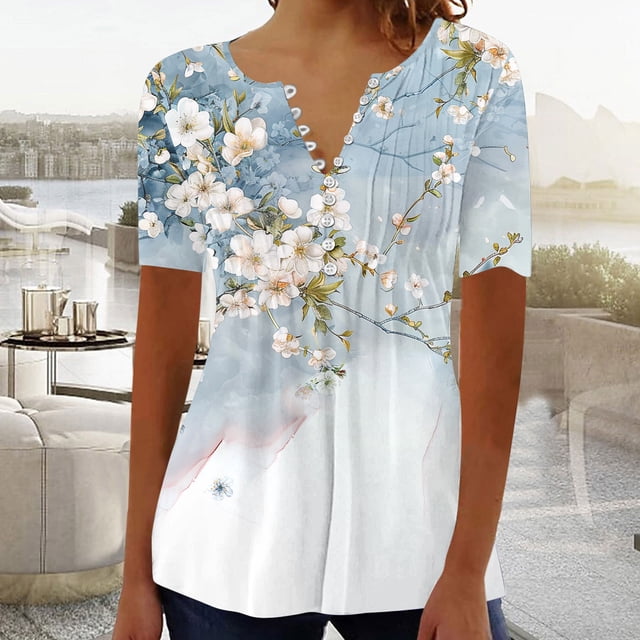 Ovbmpzd Hauts pour Femmes Col en V Boho Manches Courtes Blouses à Boutons Smockés Blouses pour Femmes TTTG